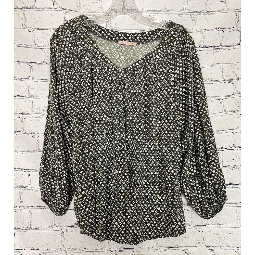 Ces Femme Gray White Leaf Small Oversized‎ 3/4 Sleeve Blouse Cottage Core